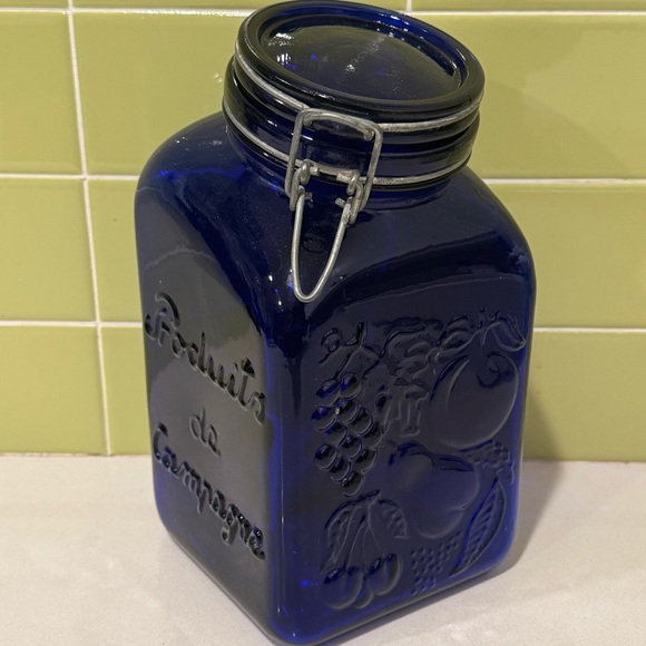 Other - Vintage Cobalt Blue Glass Lidded Mason Jar Canister Produits de Campagne 9”